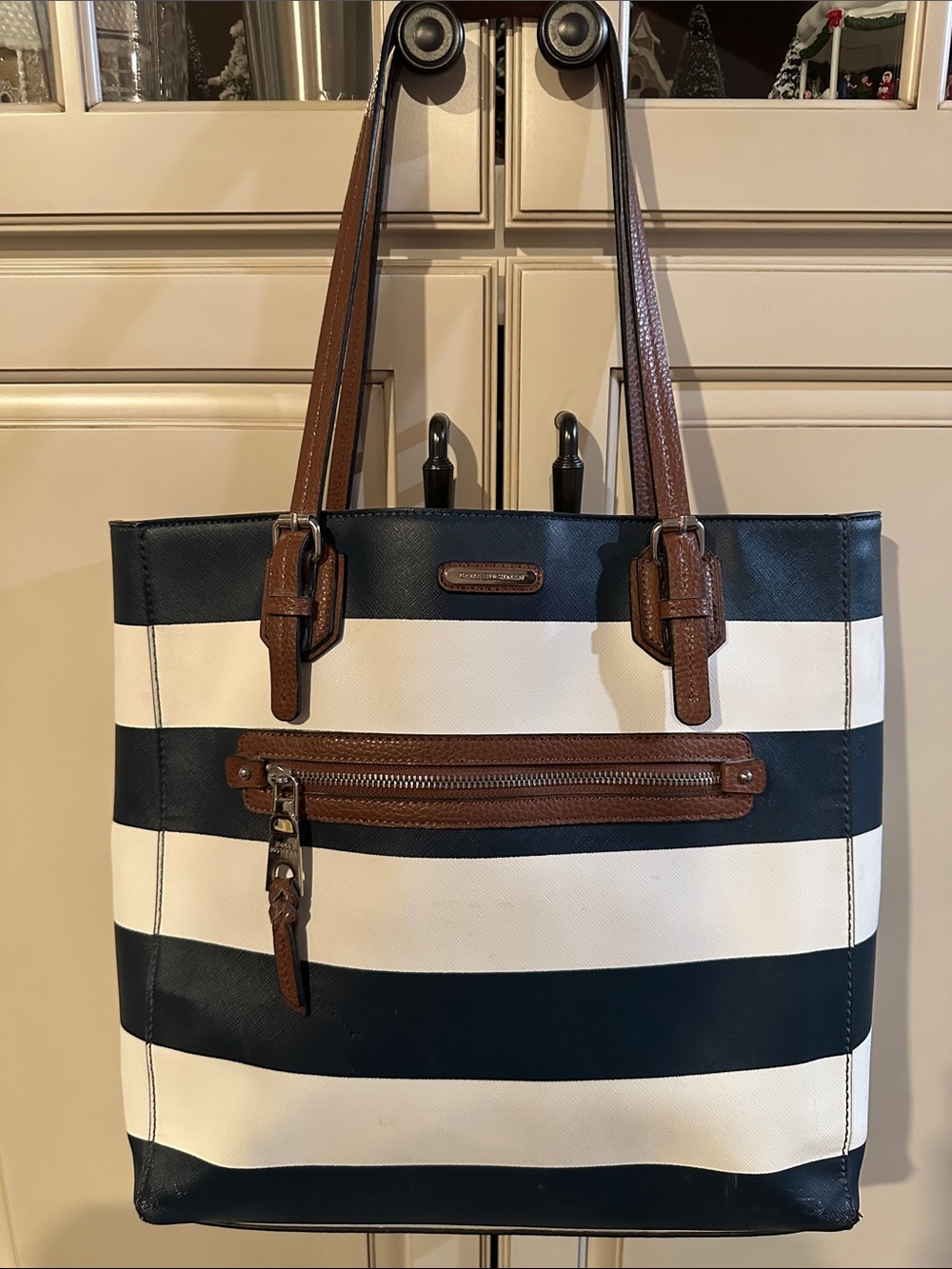 Striped Black and White Tote with Brown Trim